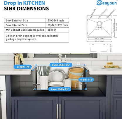 25 Inch Drop In Kitchen Sink 25 x 22 Kitchen Sink 18 Gauge Stainless Steel Single Bowl Topmount Handmade Sink, 25x22x8