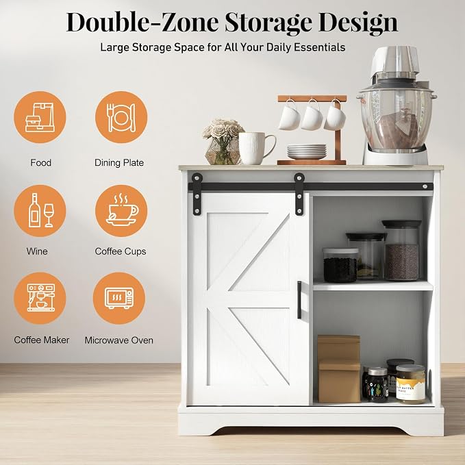 Panana Sliding Barn Door Buffet Sideboard Storage Cabinet Coffee Bar Kitchen Farmhouse Style (White Cabinet Nature Top)