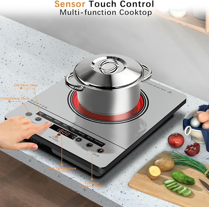 Noxton Portable Electric Stove 110V, 1800W Single Burner Electric Cooktop, Countertop Burner Electri Hot Plate, 4 Hour Timer, 9 Power Level, Child Safety Lock, Compatible with All Cookware(Grey)