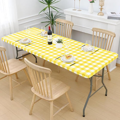 Smiry Picnic Table Cloth 2 Pack, Waterproof Elastic Fitted Tablecloths for 5FT Rectangle Tables, Washable Polyester Buffalo Plaid Tablecloth for Camping, Dining & Outdoor (Yellow & White, 30" x 60")