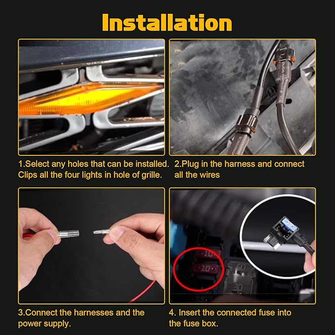 x xotic tech 4pcs Smoked LED Front Grille Marker Light w/Wiring Harness Compatible with Toyota 4Runner TRD TRO Pro Grille, Including SR5, TRD Off-Road, Limited (White)