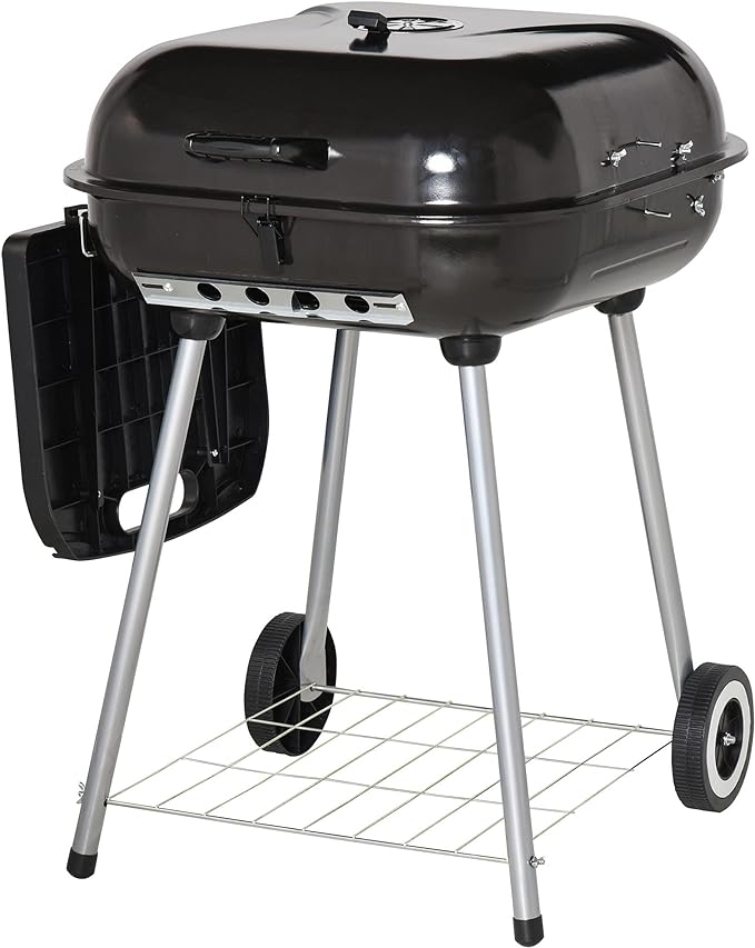 21" Portable Charcoal Grill with Wheels and Bottom Shelf, BBQ Smoker with Adjustable Vents on Lid for Picnic Camping Backyard Cooking, Black