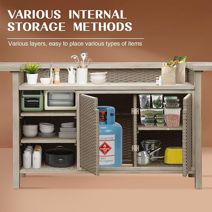 Domi Outdoor Home Bar Unit Set of 3, All-Weather Wicker & Aluminum Frame Farmhouse Bar Table with 2 Counter Height Stools with Shelves and Cabinet, for Patio, Kitchen Island, Indoor Outdoor Use