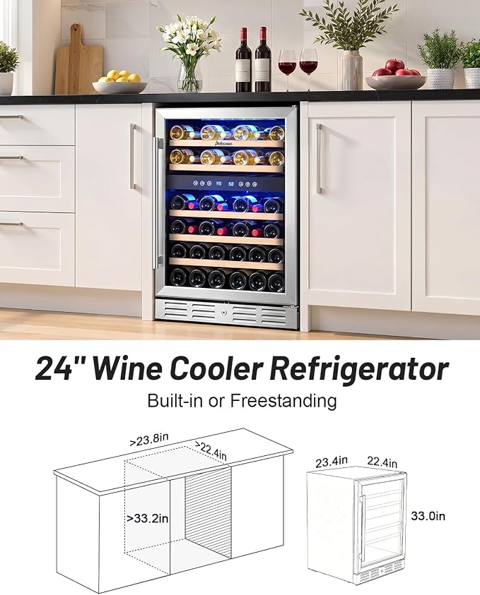 Kalamera 24 Inch Wine Cooler Refrigerator, 46-Bottle Dual Zone Wine Fridge | Built-In/Freestanding Beverage and Wine Refrigerator, 5 Wooden Shelves, Reversible Glass Door, Temperature Memory