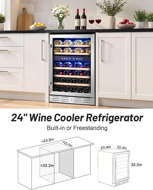 Kalamera 24 Inch Wine Cooler Refrigerator, 46-Bottle Dual Zone Wine Fridge | Built-In/Freestanding Beverage and Wine Refrigerator, 5 Wooden Shelves, Reversible Glass Door, Temperature Memory