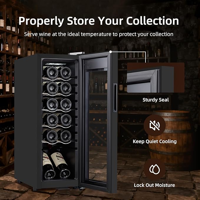 Mini Wine Fridge, 12 Bottle Compressor Wine Cooler Refrigerator, Freestanding Wine Cellar For Red&White Wine, Digital Temperature Control, Removable Shelves, Glass Door