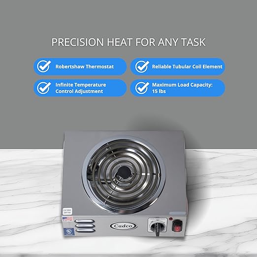 Cadco CSR-3T 14" Electric Portable Countertop Hi-Power Hot Plate with One Tubular Burner, Stainless Steel, 220 Volts