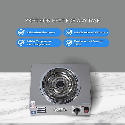 Cadco CSR-3T 14" Electric Portable Countertop Hi-Power Hot Plate with One Tubular Burner, Stainless Steel, 220 Volts