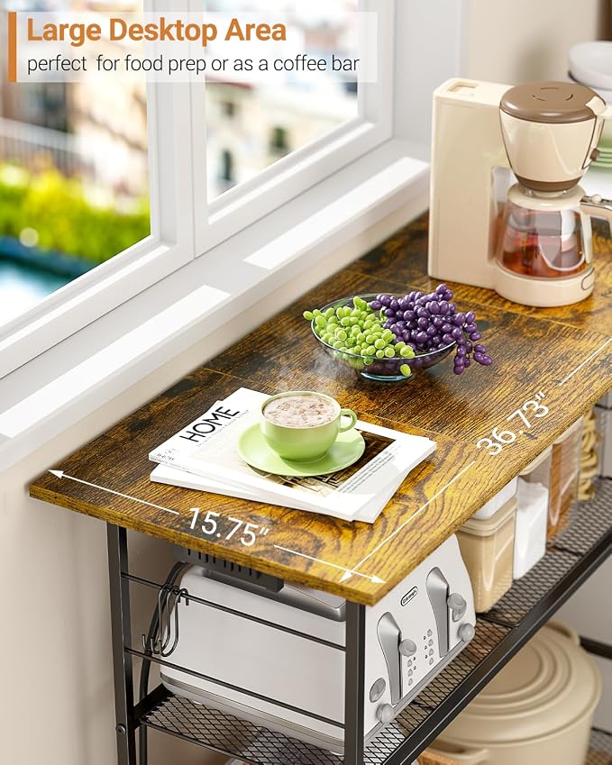 Kitchen Island with Power Outlet, Rolling Kitchen Cart with 6 Hooks and Protective Shelf, Microwave Stand on Lockable Wheels, Bakers Rack Coffee Bar for Dining, Living Room, Outdoor, Metal Frame