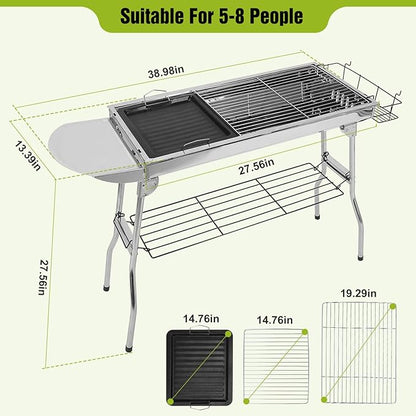 Portable BBQ Grill, Foldable Charcoal Grill Lightweight Smoker Grill for Outdoor Cooking Camping Hiking Picnics Tailgating Backpacking Party (Large gril(39x13.4x28"))