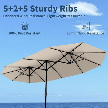 15FT Double Sided Patio Umbrella with Base Included Large Outdoor Market Umbrella with Crank Handle, UV Resistant Canopy, Sturdy Frame for Garden, Poolside, Deck, Beige