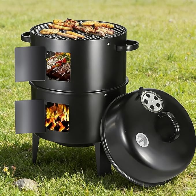 16.5-Inch Vertical Charcoal Smoker, Heavy Duty Round Multi-Layer BBQ Grill with Thermometer for Smoking Meats (Black)