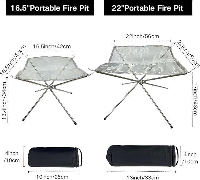 BeGrit Portable Fire Pit for Camping, 16.5" Wood Burning Fire Pits for Outdoor, 304 Stainless Steel Mesh Firepit for BBQ, Bonfire, Backyard, Garden, Patio (with Carrying Bag & Gloves)