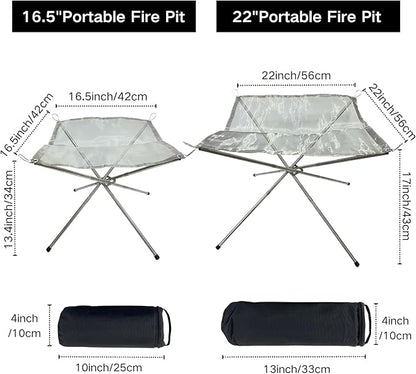 BeGrit Portable Fire Pit for Camping, 16.5" Wood Burning Fire Pits for Outdoor, 304 Stainless Steel Mesh Firepit for BBQ, Bonfire, Backyard, Garden, Patio (with Carrying Bag & Gloves)