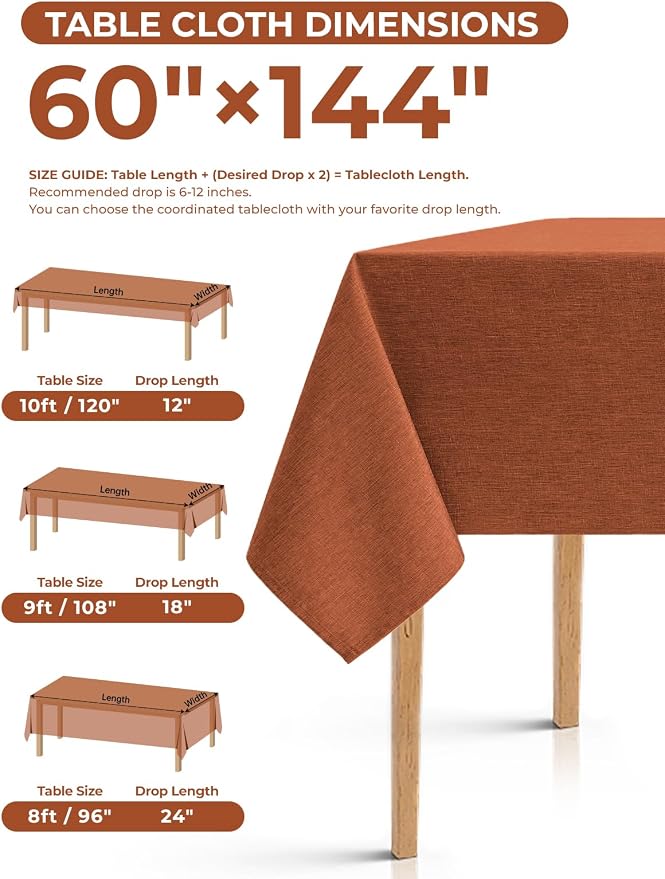 Decorelia Fall Rectangle Tablecloth for Dining Table Burnt Orange,60"x144" | Waterproof Linen Texture Terracotta Washable Rectangluar Table Cloth Cover for Thanksgiving,Party Autumn Home Kitchen Decor