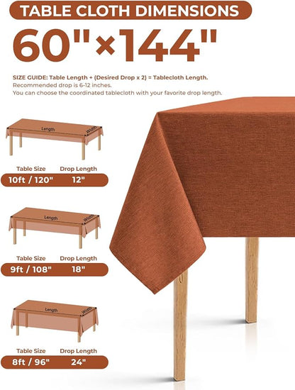 Decorelia Fall Rectangle Tablecloth for Dining Table Burnt Orange,60"x144" | Waterproof Linen Texture Terracotta Washable Rectangluar Table Cloth Cover for Thanksgiving,Party Autumn Home Kitchen Decor