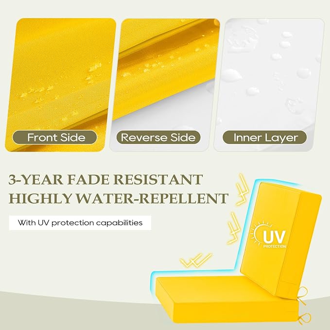 Wellsin Outdoor Deep Seat Patio Cushions, 24 x 24 Waterproof & 3-Year Fade Resistant Outdoor Cushions with Removable Covers,Ties and Handle for Chair, Sofa, Couch, Yellow