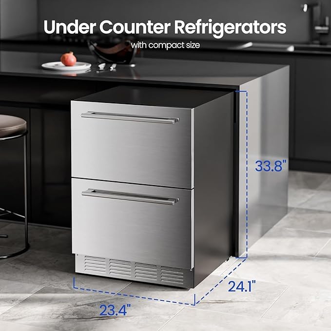 Electactic Under Counter Refrigerator, 24 Inch Double Drawer Beverage Fridge, Built-in Outdoor Beverage Cooler for Soda Drink & Beer, 145 Cans for Kitchen & Commercial, Stainless steel