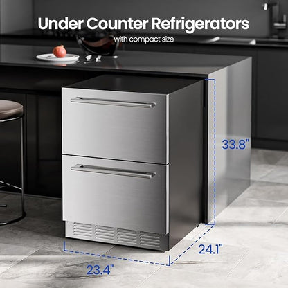 Electactic Under Counter Refrigerator, 24 Inch Double Drawer Beverage Fridge, Built-in Outdoor Beverage Cooler for Soda Drink & Beer, 145 Cans for Kitchen & Commercial, Stainless steel