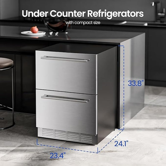 Electactic Under Counter Refrigerator, 24 Inch Double Drawer Beverage Fridge, Built-in Outdoor Beverage Cooler for Soda Drink & Beer, 145 Cans for Kitchen & Commercial, Stainless steel