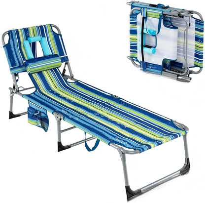 GYMAX Tanning Chair, Folding Lounger with Face/Arm Holes, Carry Handles & Side Pocket, Portable Lightweight Layout Beach Chair for Outdoor/Indoor, Face Down Sun Lounger (1, Blue Stripe)