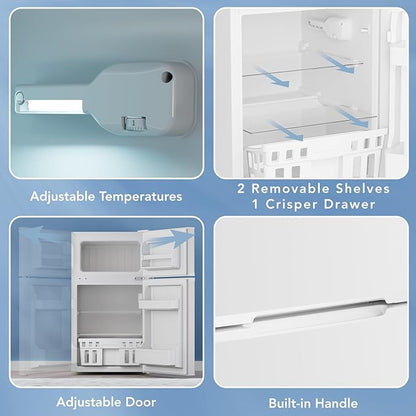 Electactic Mini Fridge with Freezer, 3.2 Cu.Ft Compact Refrigerator with 2 Doors, Small Fridge with Adjustable Thermostat & Removable Glass Shelves for Bedroom, Office, Dorm, or Apartment, White