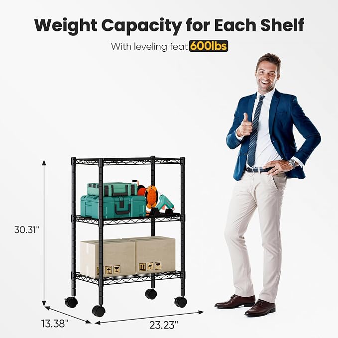 DUMOS 3-Tier Metal Wire Storage Shelves, Adjustable Standing Storage Rack Shelf with Wheels, Heavy Duty Steel Shelving Unit Organizers for Kitchen Bathroom Pantry Garage, 23.1" Wx13.4 Dx30.2 H, Black