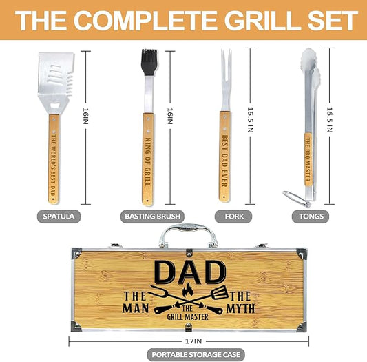 Dad Gifts from Daughter Fathers Day Heavy Duty Wooden BBQ Grilling Accessories Kit for Backyard, Thick Stainless Steel Grill Utensils with Non-Slip Handle Tools in Portable Bag Birthday