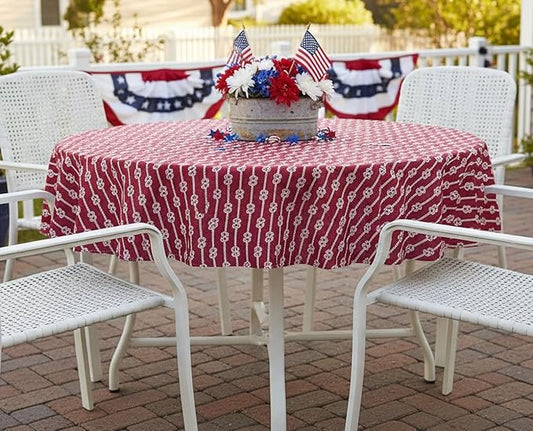 Newbridge Round Vinyl Tablecloth with Flannel Backing, Red Nautical Rope Stripe, 70 Inch, Coastal Striped Indoor Outdoor Wipe Clean Picnic, BBQ and Dining Table Cover