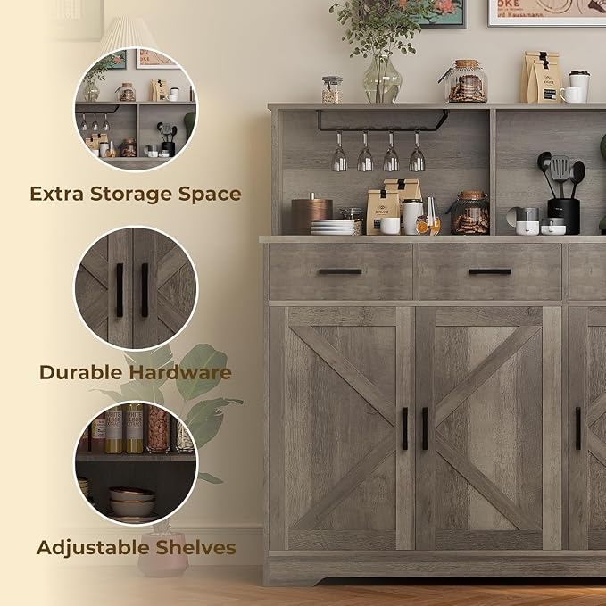 GarveeHome Farmhouse Sideboard Buffet with Microwave Stand, Barn Doors Buffet Storage Cabinet with Drawers and Shelves, Wood Coffee Bar Cabinet for Kitchen, Dining Room, Living Room, Grey