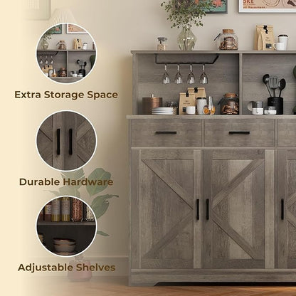 GarveeHome Farmhouse Sideboard Buffet with Microwave Stand, Barn Doors Buffet Storage Cabinet with Drawers and Shelves, Wood Coffee Bar Cabinet for Kitchen, Dining Room, Living Room, Grey
