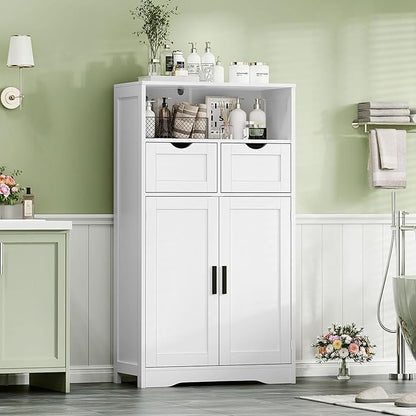 Iwell Bathroom Cabinet with Doors and Drawers, Freestanding Bathroom Storage Cabinet, Adjustable Shelves, for Living Room, Kitchen, Home Office, White