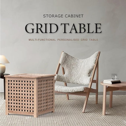 Wooden Grid Side Table for Indoor/Outdoor,Small Coffee Table for Boho Corner/Patio/Living Room,Storage Bin Deck Box for Cushions,Toys,Furniture Covers,Etc.Original Wood Color