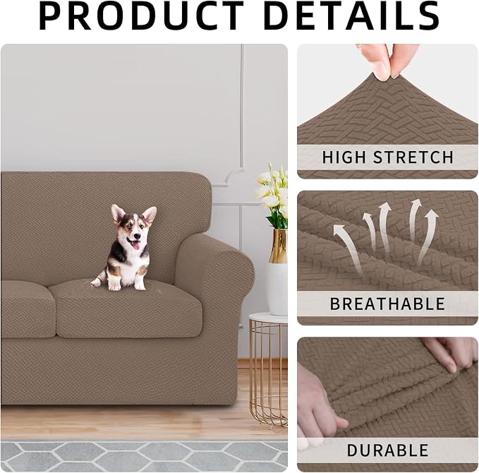 ISSUNTEX 2 Pieces High Stretch Thicken Chair Couch Covers, Soft Sofa Slipcover for 1 Separate Cushion Couch, Jacquard Fabric Elastic Sofa Cover Furniture Protector for Dogs (Chair, Camel)