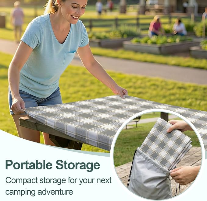Picnic Table Cover with Bench Covers Camping Essentials Waterproof Windproof Camping Tablecloth with Drawstring Bag, Fitted Rectangle Tables and Seats, 72in, Gray White