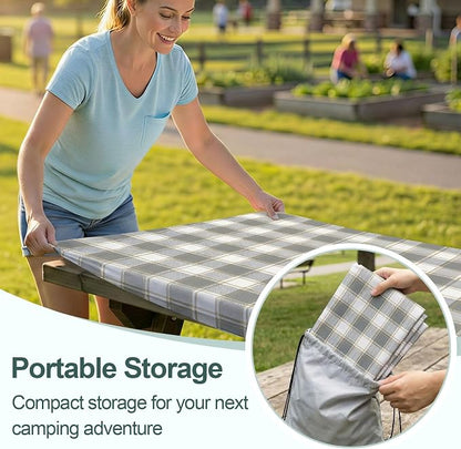 Picnic Table Cover with Bench Covers Camping Essentials Waterproof Windproof Camping Tablecloth with Drawstring Bag, Fitted Rectangle Tables and Seats, 72in, Gray White