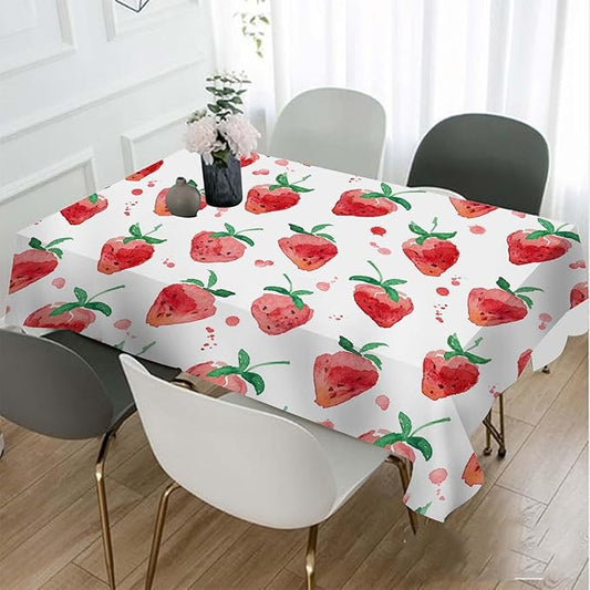 TKS MITLAN Red Strawberry Decorative Rectangle Tablecloth Summer Fruits Strawberry Leaves Polyester Table Cloths Kitchen Table Cover for Dining BBQ Picnic Coffee Table 60 x 84 Inch 6-8 Seats