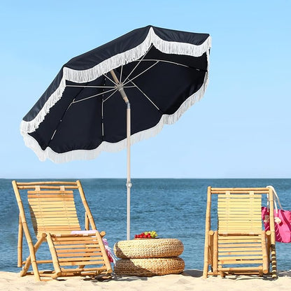 Tempera 7ft Boho Beach & Patio Umbrella with Fringe, Market Umbrellas with UPF 50+ UV & Water-Resistant Canopy, 1.5" Wood Pole & Button Tilt.