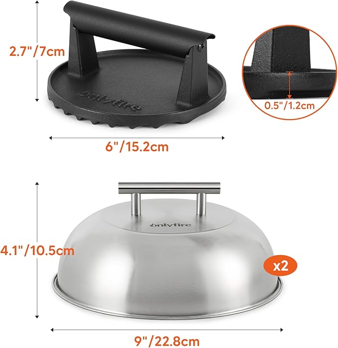 onlyfire 3pcs Griddle Accessories Kit for Blackstone, Cheese Melting Dome & Burger Press Kit for Outdoor Camping, Flat Top Teppanyaki Grilling & Steaming