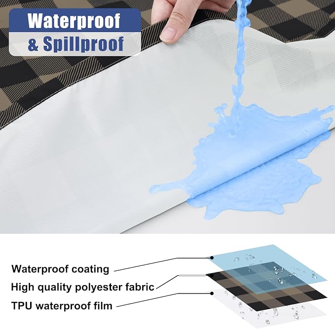 Smiry Picnic Table Cloth 2 Pack, Waterproof Elastic Fitted Tablecloths for 6FT Rectangle Tables, Washable Polyester Buffalo Plaid Tablecloth for Camping & Outdoor (Black & Khaki, 30" x 72")