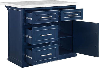 Crosley Furniture Cutler Faux Marble Top Kitchen Island with Storage, Breakfast Bar, Microwave Stand, Navy