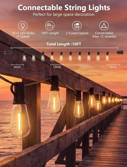 10FT Outdoor String Lights, 10 ST40 Edison LED Patio Lights | Shatterproof Bulbs, IP65 Waterproof, Dimmable 2700K Warm White, UL Listed Plug-In Black Wire for Porch Balcony