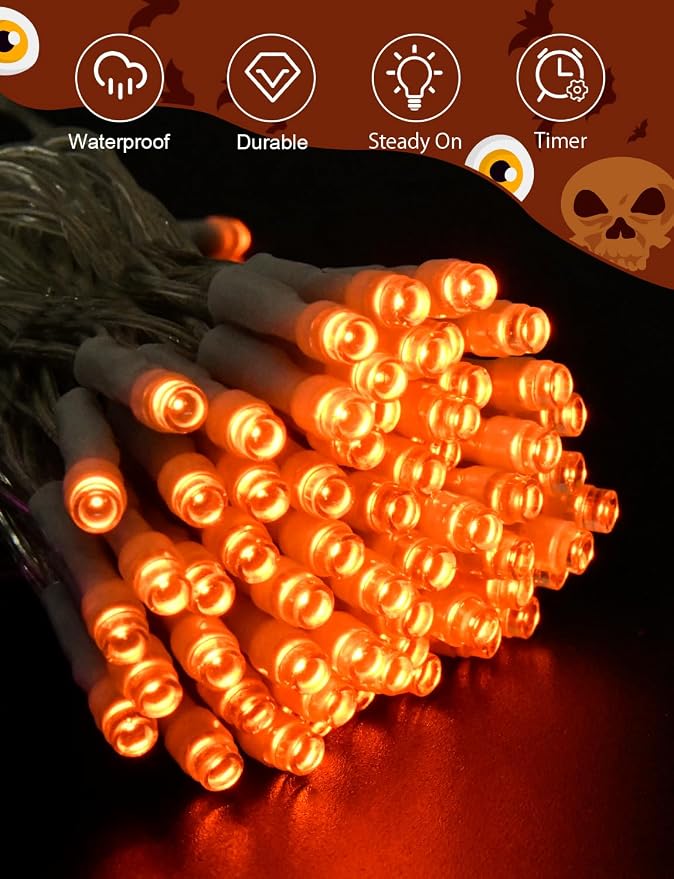 cshare Halloween String Lights Battery Operated with Timer - 9.8ft 30LED Orange Waterproof Lights for Outside Decorations, Party, Yard, Pathway, Indoor and Outdoor 2 Packs