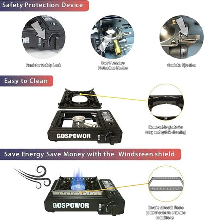 Propane or Butane Stove with Windblocker, Dual Fuel 10,000 BTU Portable Gas stove for Camping, Automatic Ignition Gas Stove with Adapter Hose Carrying Case & Griddle for Hiking (Fuel Not Included)