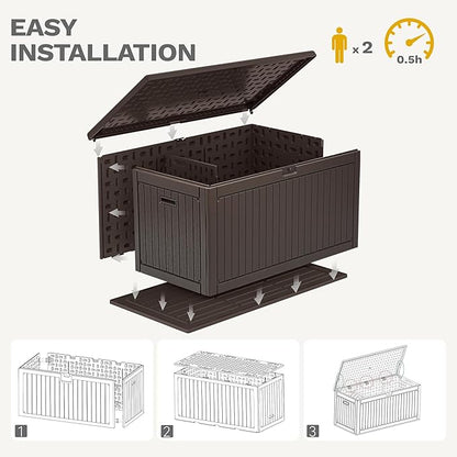 DWVO 320 Gallon Double-Wall Deck Box with Divider, XXL Extra Large Resin Outdoor Storage Box, Lockable & Waterproof, Double as Seating, 1000lbs Capacity (Brown)