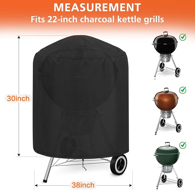 Round BBQ Grill Cover for Weber 22" and Most Kettle Charcoal Grill | Windproof,Waterproof,Tear Resistant,UV Protection,30" Dia x 38" H