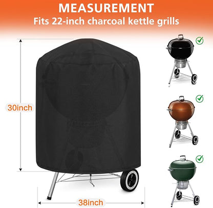 Round BBQ Grill Cover for Weber 22" and Most Kettle Charcoal Grill | Windproof,Waterproof,Tear Resistant,UV Protection,30" Dia x 38" H