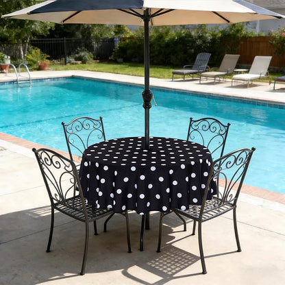 Poise3EHome Round Outdoor Tablecloth with Umbrella Hole and Zipper,Black Dot 60 Inch,Polyester SpillProof Washable Table Cloth for Spring Summer Patio Garden Poolside Picnic Camping BBQS
