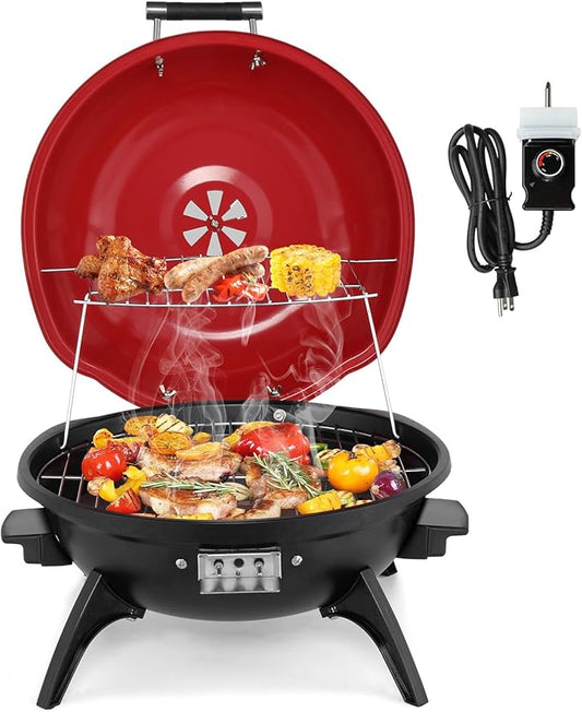 ROVSUN 1600W Red Portable Electric Grill – Adjustable Temperature Control, 304 Stainless Steel Double-Layer Cooking Surface, Removable Tabletop Stove for Indoor & Outdoor Use