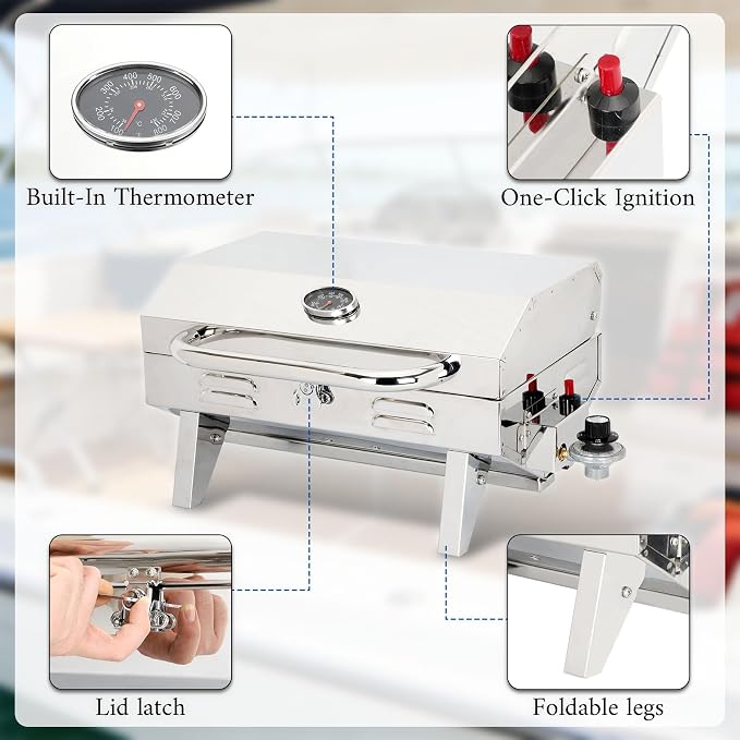 304 Stainless Steel Boat Grill, Portable Propane Marine Grill with Rod Holder Mount, Pontoon Boat BBQ Grill, 208 Sq.In Cooking Area